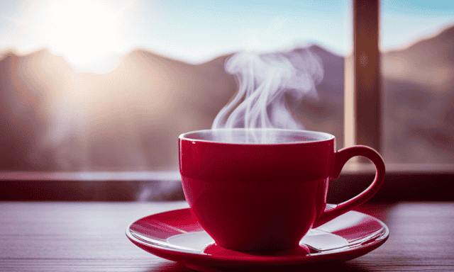An image showcasing a cozy, serene scene of a person savoring a steaming cup of vibrant, red Rooibos tea