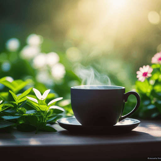 An image showcasing a serene scene in a lush herbal tea garden, with sunlight filtering through the vibrant leaves, delicate flowers blooming, and steam rising from a warm teacup