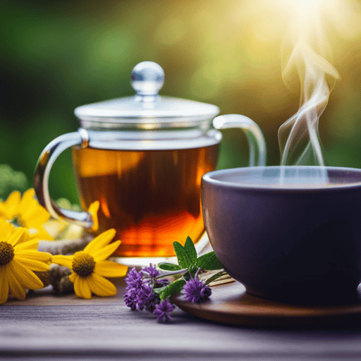 An image showcasing a serene scene of a cozy herbal tea corner, with a steaming cup of herbal tea on a rustic wooden table, surrounded by vibrant and aromatic herbs, evoking a sense of relaxation and rejuvenation