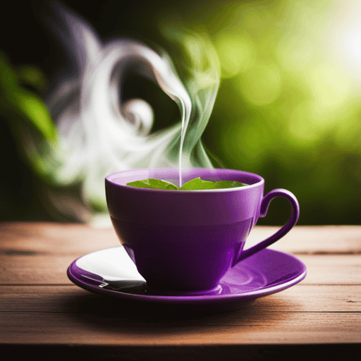 An image showcasing a serene setting with a warm cup of passion flower tea, its vibrant purple hue contrasting against lush greenery