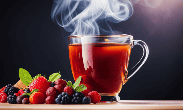 An image showcasing a vibrant cup of steaming rooibos tea, surrounded by an assortment of healthful ingredients like antioxidant-rich berries, soothing chamomile flowers, and aromatic cinnamon sticks