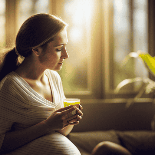 An image showcasing a radiant, expectant mother gently sipping on a warm, golden turmeric and ginger-infused beverage, emanating a soothing glow