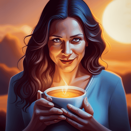 An image showcasing a radiant, expectant mother blissfully sipping a warm cup of turmeric-infused tea, basking in its vibrant hues