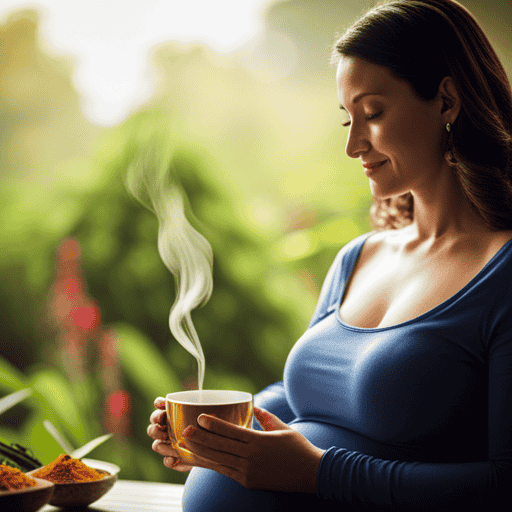 An image showcasing a serene pregnant woman enjoying a steaming cup of golden turmeric tea, surrounded by vibrant botanicals