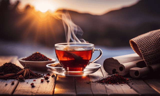 An image showcasing a steaming cup of rooibos tea, beautifully capturing the vibrant reddish hue of the infusion, while highlighting the delicate leaves, twigs, and aromatic herbs that compose this South African herbal tea