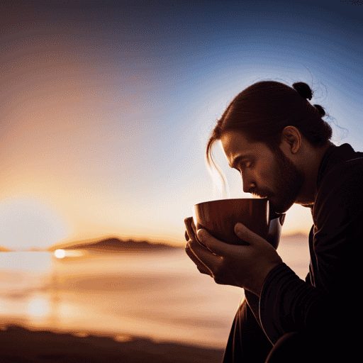 An image showcasing a serene scene with a person sipping Yogi Tea, surrounded by a warm glow, as the tea's herbal steam gently swirls around them, conveying a sense of relaxation and tranquility