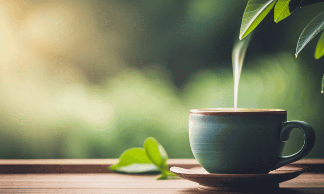 An image showcasing a serene setting with a cup of warm oolong tea, surrounded by lush green tea leaves, steam gently rising, evoking a soothing and tranquil atmosphere