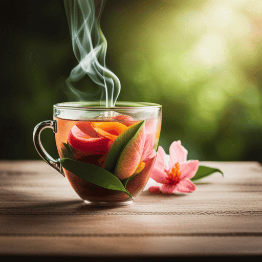 An image showcasing a vibrant, steaming cup of herbal peach tea, exuding a refreshing aroma