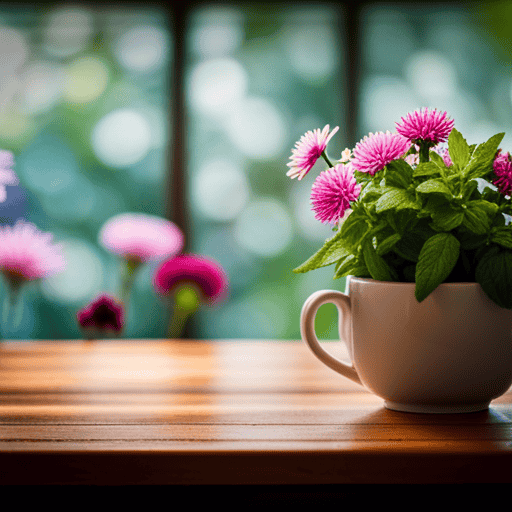 An image showcasing a serene scene with a cup of aromatic herbal tea steaming gently in a delicate teacup, surrounded by vibrant, freshly picked herbs and blossoming flowers, evoking a sense of relaxation and rejuvenation