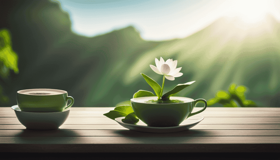 An image showcasing a serene scene of a blooming lotus flower in a cup of vibrant green tea, radiating tranquility and freshness