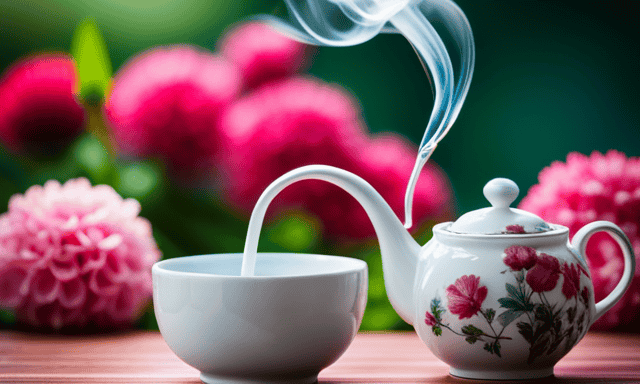 An image showcasing a serene scene of a teapot pouring a steaming cup of oolong tea into a delicate porcelain cup, surrounded by lush green tea leaves and vibrant blossoms