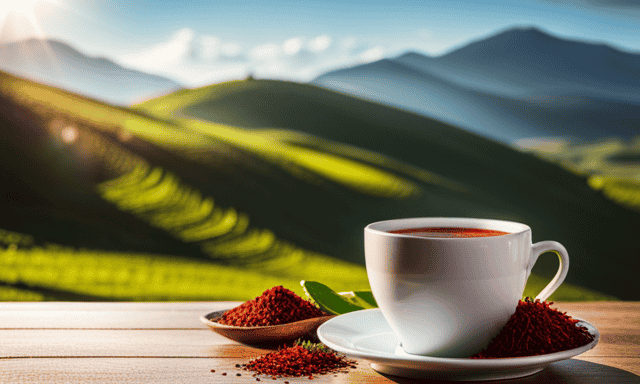 An image showcasing a serene scene with a steaming cup of vibrant red Rooibos tea, surrounded by lush greenery and a backdrop of rolling hills, evoking a sense of relaxation and wellness