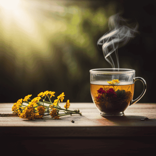 An image that showcases a soothing cup of yarrow leaf and flower herbal tea, steaming gently in a delicate porcelain mug