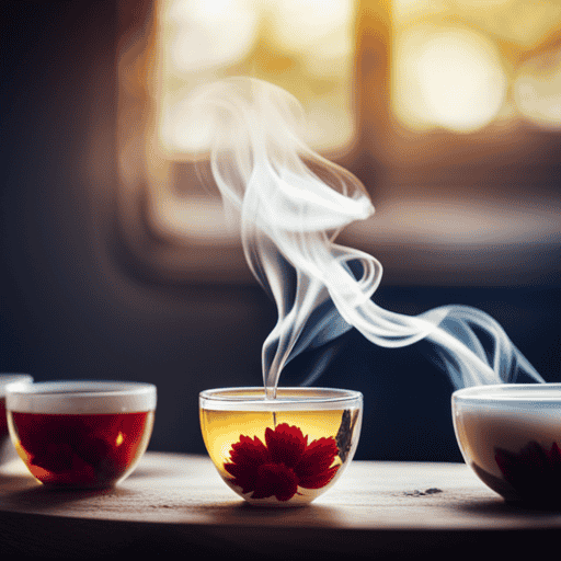 An image showcasing a vibrant assortment of steaming herbal tea cups, each brimming with aromatic blends like chamomile, peppermint, ginger, and hibiscus
