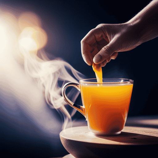 An image showcasing a serene cup of vibrant, golden-hued ginger turmeric and lemon tea, emitting an inviting aroma