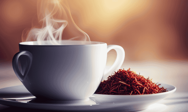 An image showcasing a serene tea cup filled with vibrant red Rooibos tea, surrounded by delicate steam