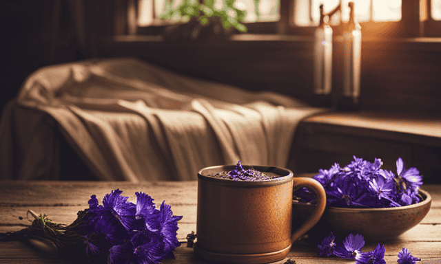 An image featuring a rustic wooden table adorned with two steaming mugs - one filled with rich, dark chicory root brew, and the other with a vibrant herbal infusion