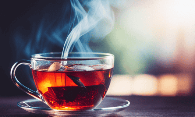 An image showcasing the vibrant red hues of freshly brewed rooibos tea, poured from a teapot into a delicate, translucent teacup