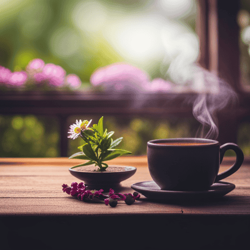 An image showcasing a serene scene in a cozy teahouse, with a steaming cup of herbal tea on a rustic wooden table, surrounded by vibrant herbs and flowers, evoking feelings of relaxation and wellness