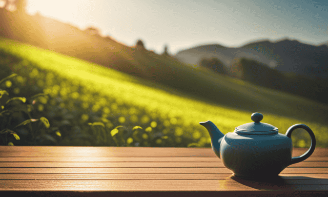 An image showcasing a serene, lush tea garden with vibrant green tea leaves gently swaying in the breeze, while a slender teapot pours Bigelow Oolong Tea into a delicate cup