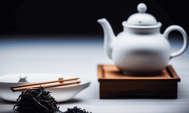 An image featuring a serene, traditional tea ceremony set-up with delicate porcelain teaware, a steaming teapot, and a selection of vibrant Oolong tea leaves from various brands, showcasing their unique packaging and qualities
