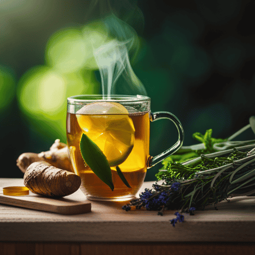 An image featuring a steaming cup of herbal tea infused with fresh ginger slices, lemon wedges, and a dollop of honey, surrounded by vibrant green herbs like thyme, sage, and chamomile blossoms