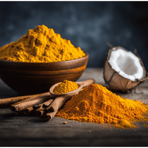 An image showcasing a vibrant yellow turmeric root surrounded by ingredients like black pepper, coconut oil, ginger, and cinnamon
