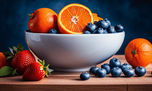 An image depicting a vibrant bowl filled with a colorful medley of fresh fruits, such as sliced oranges, blueberries, and strawberries, beautifully arranged around a raw prebiotic chicory root