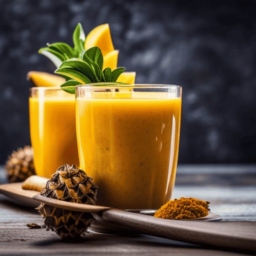 An image showcasing a vibrant yellow smoothie in a clear glass, packed with luscious tropical fruits like mangoes, pineapples, and bananas, beautifully blended with turmeric to entice taste buds and enhance its flavor