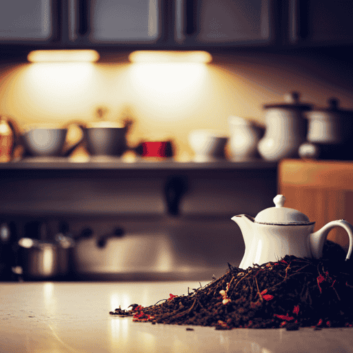 An image showcasing a serene, cluttered kitchen counter with overflowing teapots, brimming with vibrant herbal tea blends