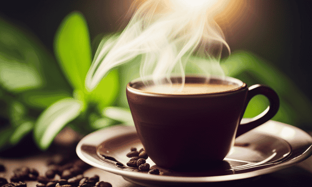 An image showcasing a steaming cup of dark, aromatic coffee brewed from freshly ground chicory root