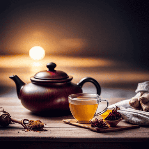 An image featuring a steaming cup of fragrant Chinese herbal tea, surrounded by soothing ingredients like ginger, honey, and lemon slices