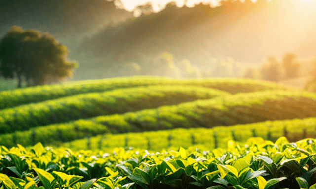 An image showcasing a lush tea plantation, basking in warm sunlight and cooled by a gentle breeze