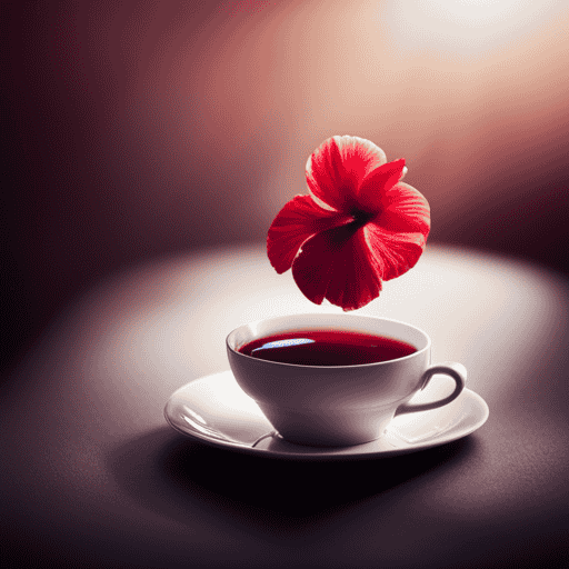 An image featuring a vibrant, crimson hibiscus flower delicately floating in a steaming cup of deep red tea