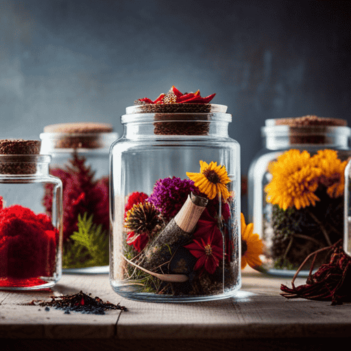 An image showcasing a variety of vibrant, fragrant dried flowers, leaves, and stems artfully arranged in glass jars, evoking a sensory exploration of the diverse ingredients that make up an exquisite herbal tea blend