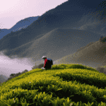 An image showcasing a serene landscape with terraced tea gardens nestled amidst misty mountains