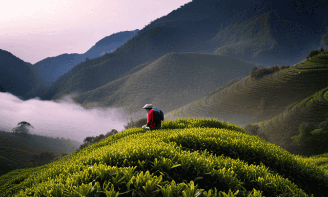 An image showcasing a serene landscape with terraced tea gardens nestled amidst misty mountains