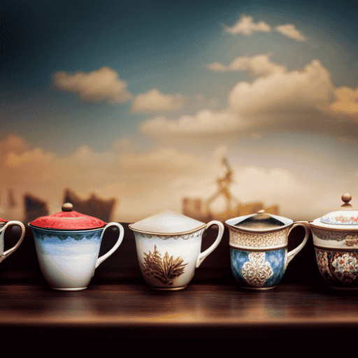 An image showcasing different vibrant, hand-painted teacups representing various countries, positioned in a row from left to right, with steam rising gracefully from the cup of the country that consumes the most strong herbal tea