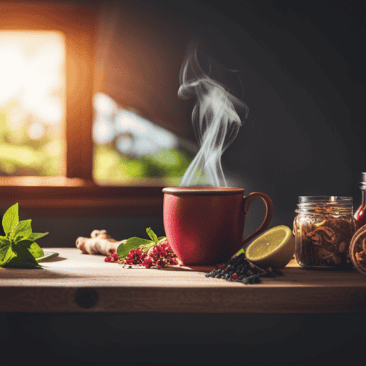 An image of a serene morning scene with a wooden table adorned with a steaming mug of Yogi Detox tea, surrounded by fresh lemon slices, ginger roots, and a vibrant assortment of detoxifying herbs and fruits