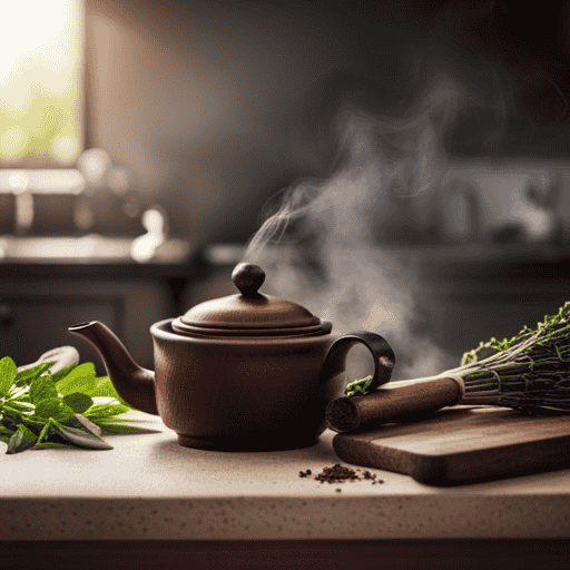 An image showcasing a serene kitchen scene with a teapot on a stove, fresh herbs neatly arranged on a wooden cutting board, a mortar and pestle, a strainer, and a steaming cup of herbal tea