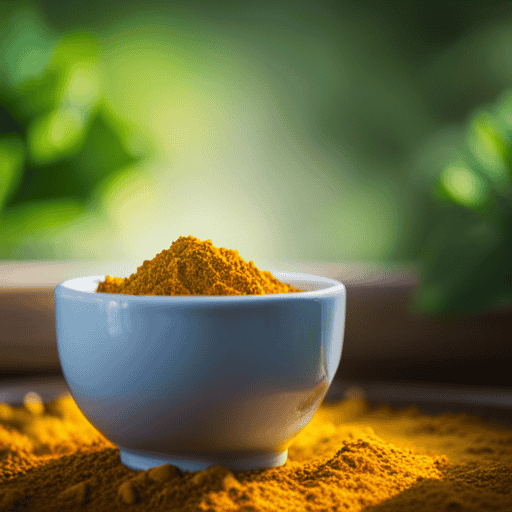 An image of a vibrant tablespoon overflowing with golden turmeric powder, delicately sprinkling into a steaming cup of tea