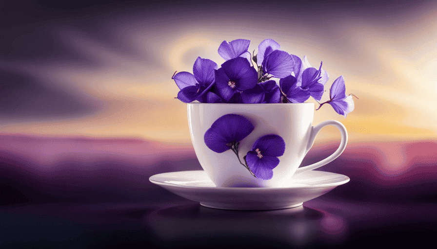An image featuring a steaming cup of butterfly pea flower tea, vibrant indigo color blending into a delicate shade of lavender, swirling tendrils rising from the cup, evoking a sense of tranquility and natural beauty