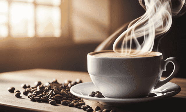 An image featuring a close-up view of a steaming cup of coffee, adorned with a frothy layer and a subtle, earthy hue