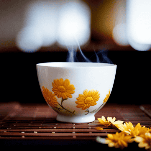 An image that captures the essence of sipping chrysanthemum tea: a delicate porcelain teacup brimming with golden brew, adorned with vibrant, blooming chrysanthemum petals, their petals unfurling gracefully, exuding a subtle floral aroma