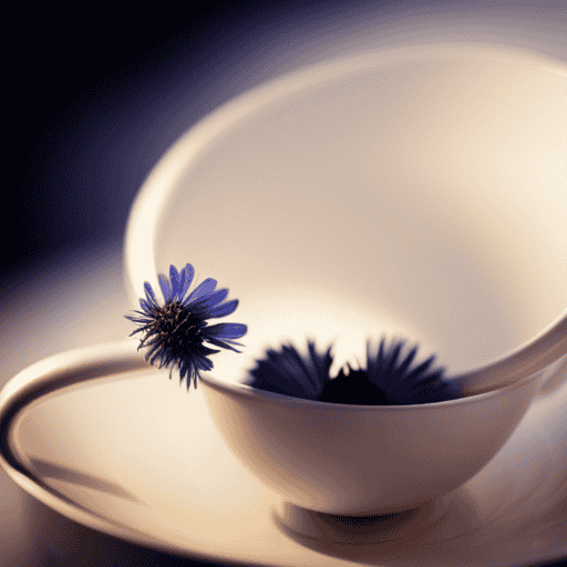 An image of a delicate, porcelain teacup filled with warm, golden-hued cornflower tea, swirling with hints of floral aroma and a subtle sweetness