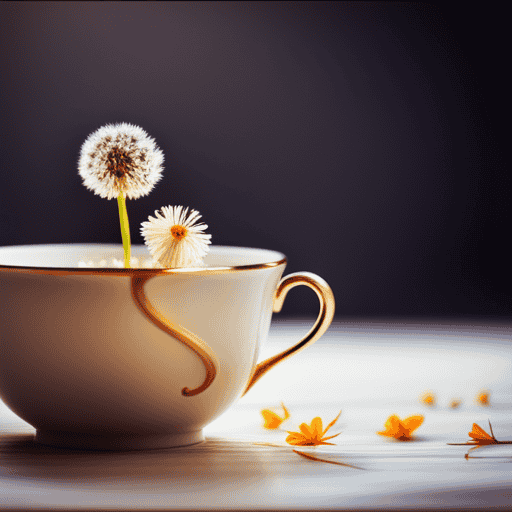 An image showcasing a delicate porcelain teacup filled with steaming dandelion flower tea