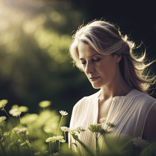 An image showcasing a serene, sun-kissed herbal garden, with a delicate hand plucking fresh fennel leaves