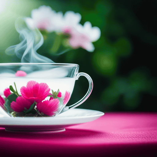 An image showcasing a serene teacup filled with vibrant, blooming flower petals