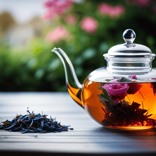 An image capturing the delicate essence of flower tea, showcasing a crystal-clear glass teapot pouring a vibrant infusion of rose petals, chamomile blossoms, and lavender buds, releasing their soothing aroma into the air