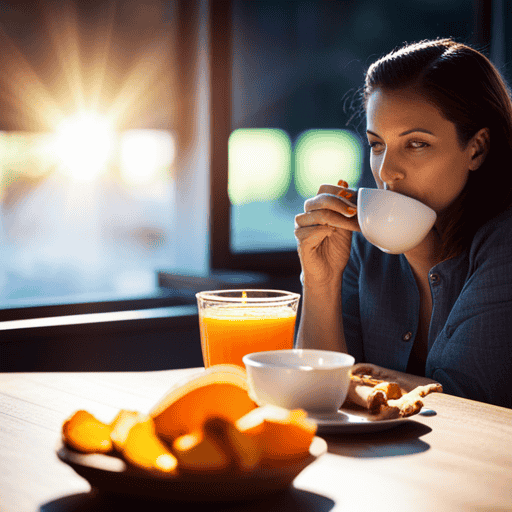 An image showcasing a serene woman enjoying a steaming cup of ginger peach turmeric herbal tea